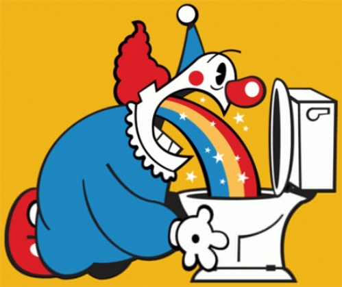 Clown Throwing Up Rainbows into a Toilet