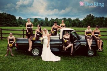 Bride and Bridesmaids sitting on a Pickup Truck