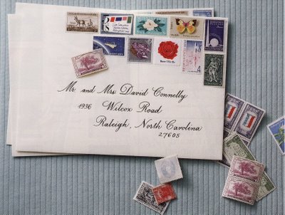 Vintage stamps on wedding invitations