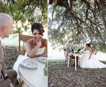 Bride and groom enjoy a quite picnic at a single table under a tree