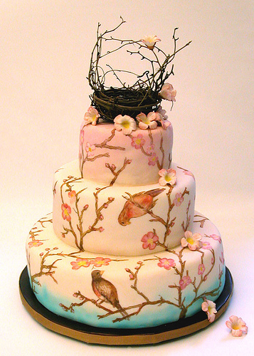 Painted cake with cherry blossoms and birds