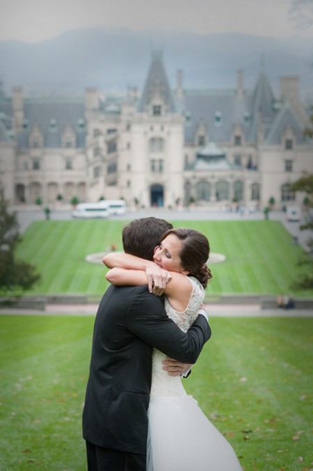 Bride and groom in front of Biltmore