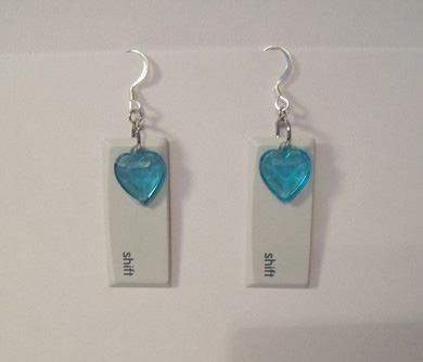 earrings made from shift keys with blue charms