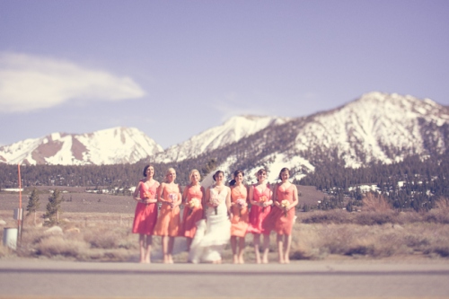 bride and bridesmaids in the mountains