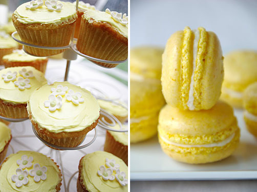 pale yellow cupcakes and bright yellow french macaroons