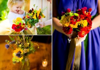 Orange bouquet and royal blue bridesmaid dress