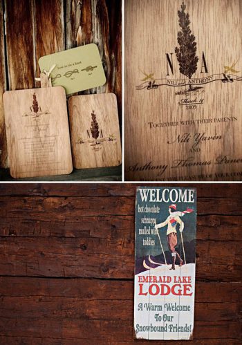 wooden invitations and vintage ski sign