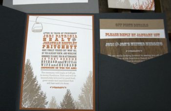 chair lift in the pine trees wedding invitation