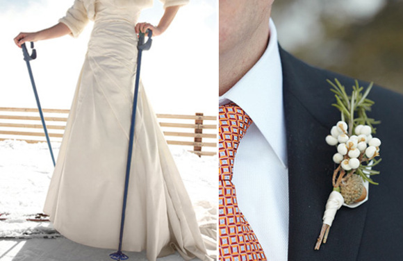 skiing bride and groom with winter boutonniere