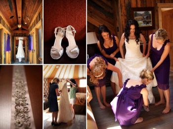 Bridal details and bridesmaids helping