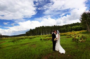 bride and groom in an alpine meadow