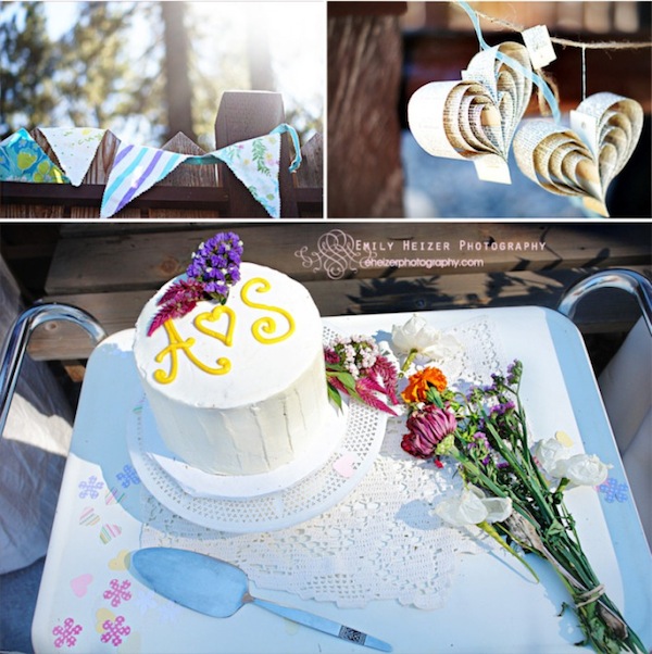 hand made bunting, quilled hearts, and cake