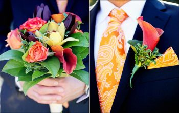 Groom in an orange tie holds an orange and green bouquet