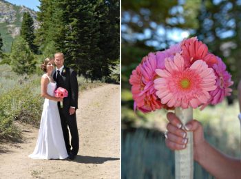 mammoth mountain bride and groom with Gerber daisy bouquet