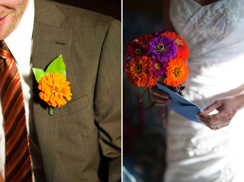 orange Gerber daisy boutonniere and bouquet 
