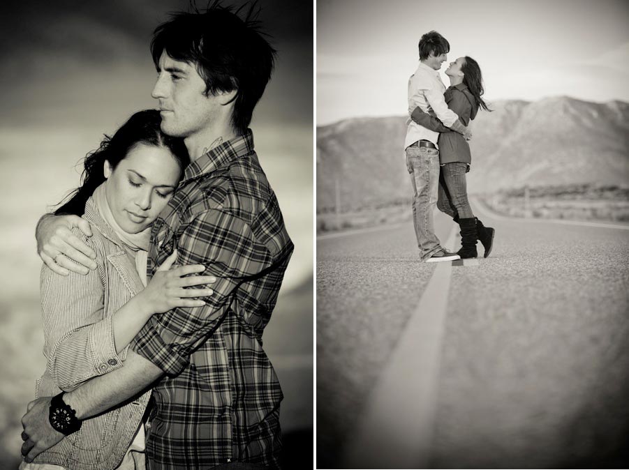 black and white of couple holding each other in the desert