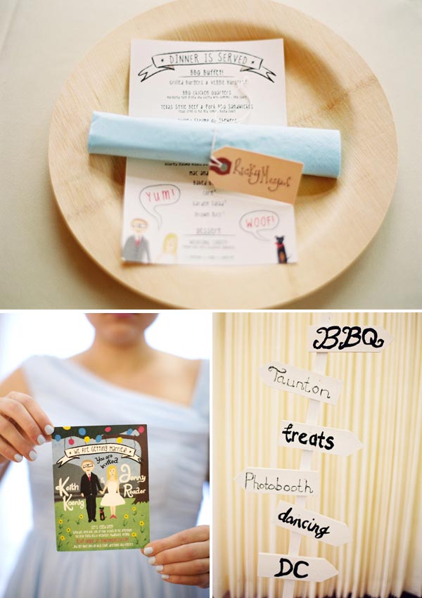 Bamboo plates, custom hand drawn wedding invitation, and hand painted wedding sign