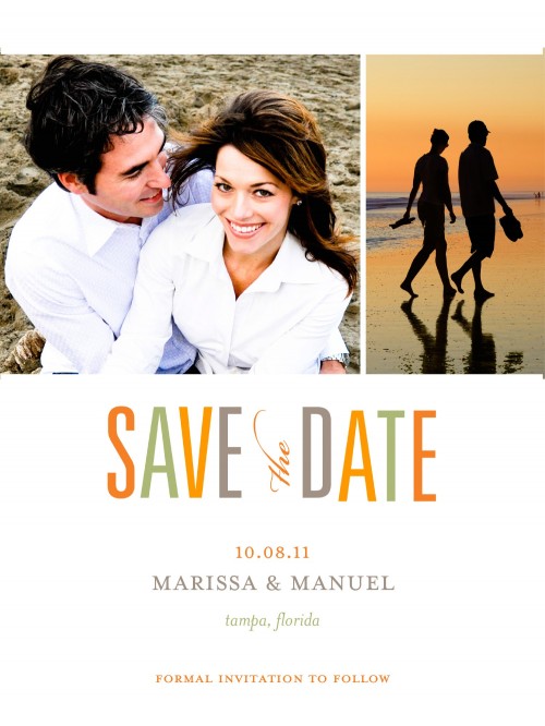 couple walking on a beach save the date
