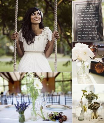 Fig and Olive inspiration board with a bride on a swing, chalkboard menu, and rustic table settings