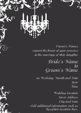 black and white chandelier wedding invitations