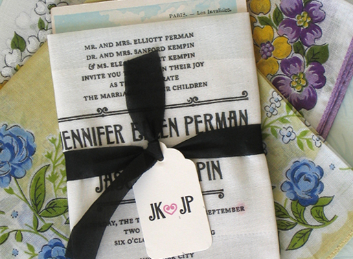 handkerchief wedding invitations wrapped in ribbon