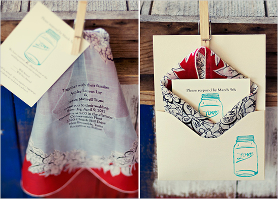 vinatge handkerchief wedding invitations with mason jars