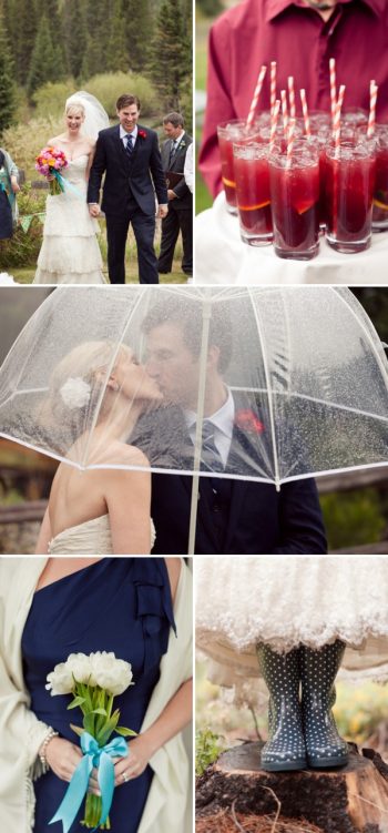 Bride and Groom under a Clear Umbrella on their wedding day
