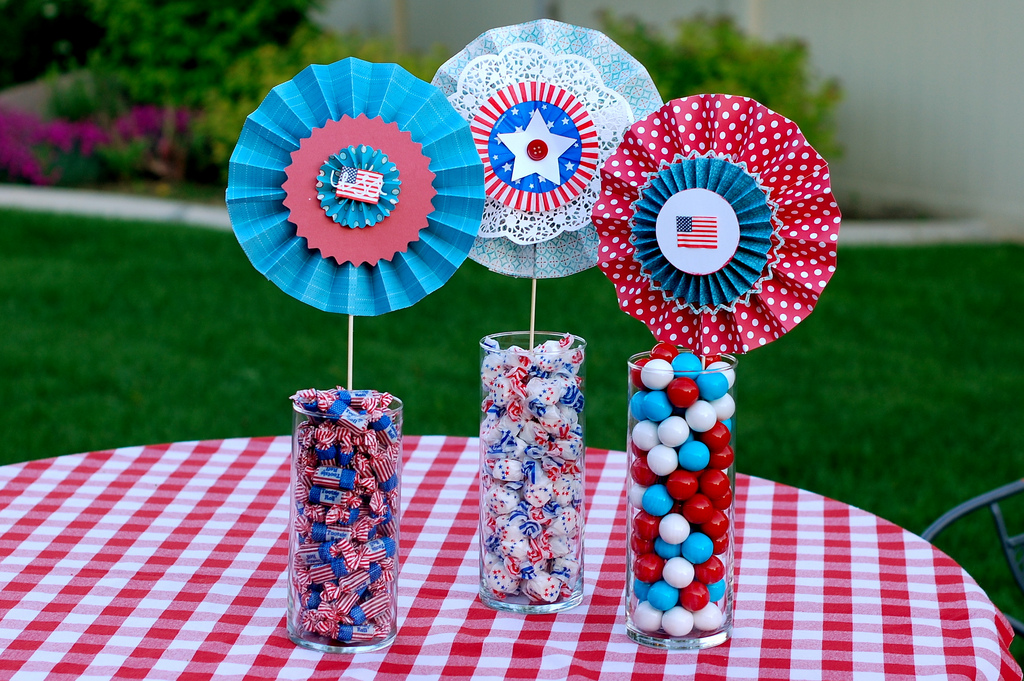 red white and blue paper medallions