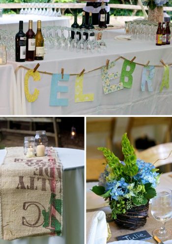 rustic wedding details, including a coffee burlap table runner