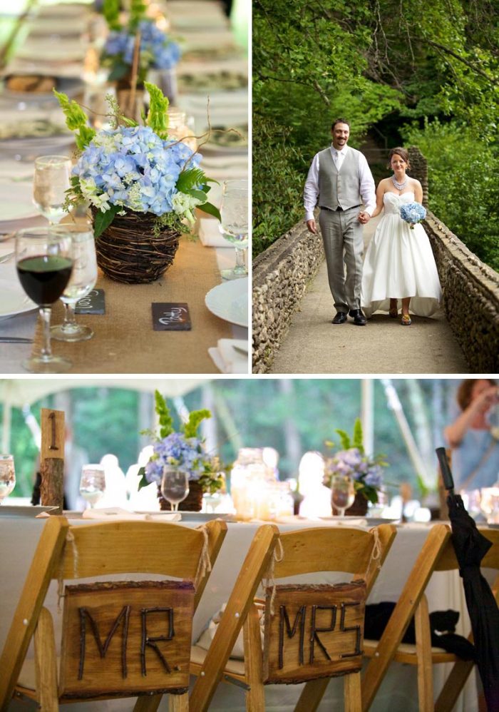 burlap table runners, blue hydrangea bouquet and wooden seating signs
