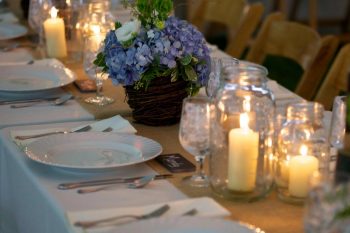 Blue hydrangea and candle centerpieces