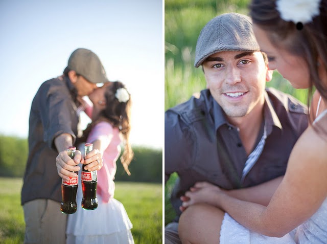 engaged couple kissing and holding coca-colas
