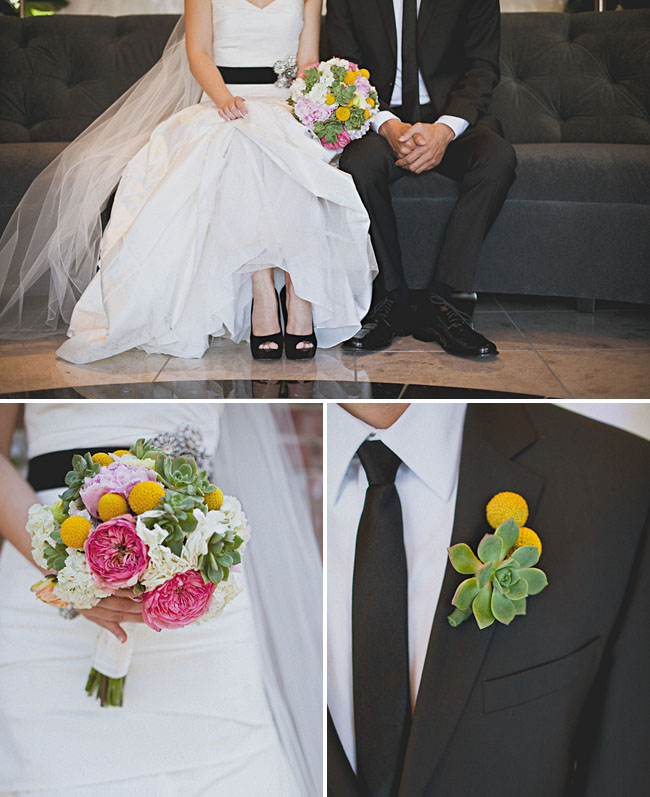 modern bride with colorful bouquet and black shoes