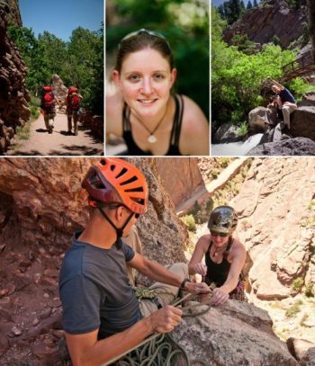 engaged rock climbing woman belayes her fiance