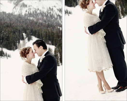 bride and groom kiss on a winter day
