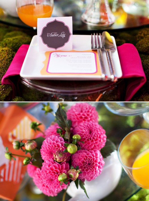Hot pink wedding flowers and placecards