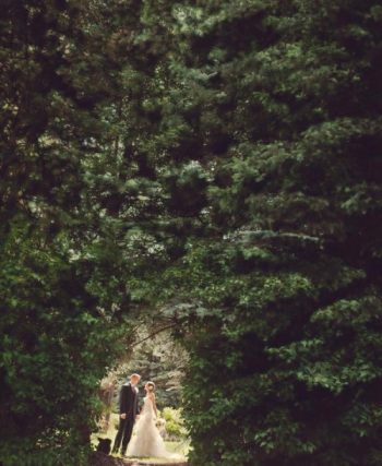 Bride and groom in a wooded copse