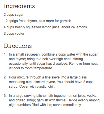 ingredients and directions for vodka thyme lemonade