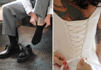 tattooed bride and groom get ready