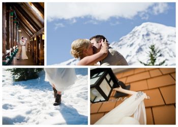 Bride walks across snow in a Mount Rainer Wedding