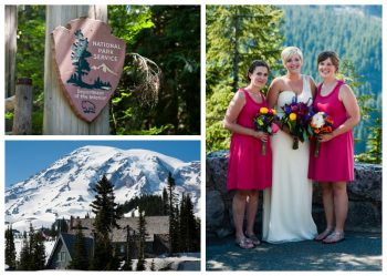 bridesmaids holding colorful bouquets with Mount Rainer in the Background
