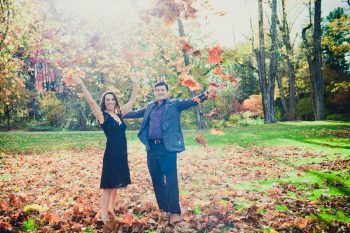 Hudson Valley Bride and Groom play in the fall Leaves