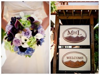 Purple and green wedding bouquet and wooden mountain home lodge