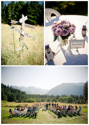 mountain meadow ceremony, wooden sign, and purple rose centerpieces