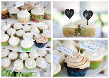 cupcake buffet with white and peach frosting