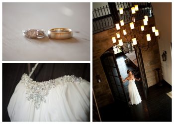 beaded wedding gown and white gold rings