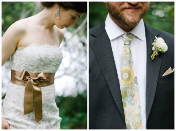 pale printed tie and lace wedding dress with tan sash