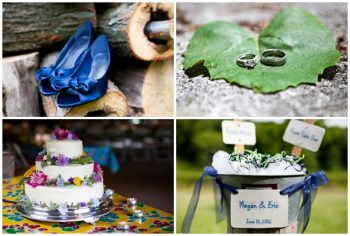 camp wedding details blue shoes wildflower cake