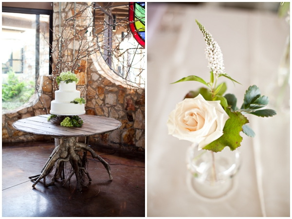 single bloom centerpieces and rustic wedding cake