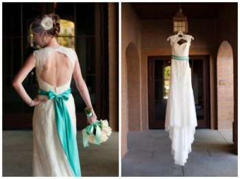 lace wedding dress with turquoise ribbon